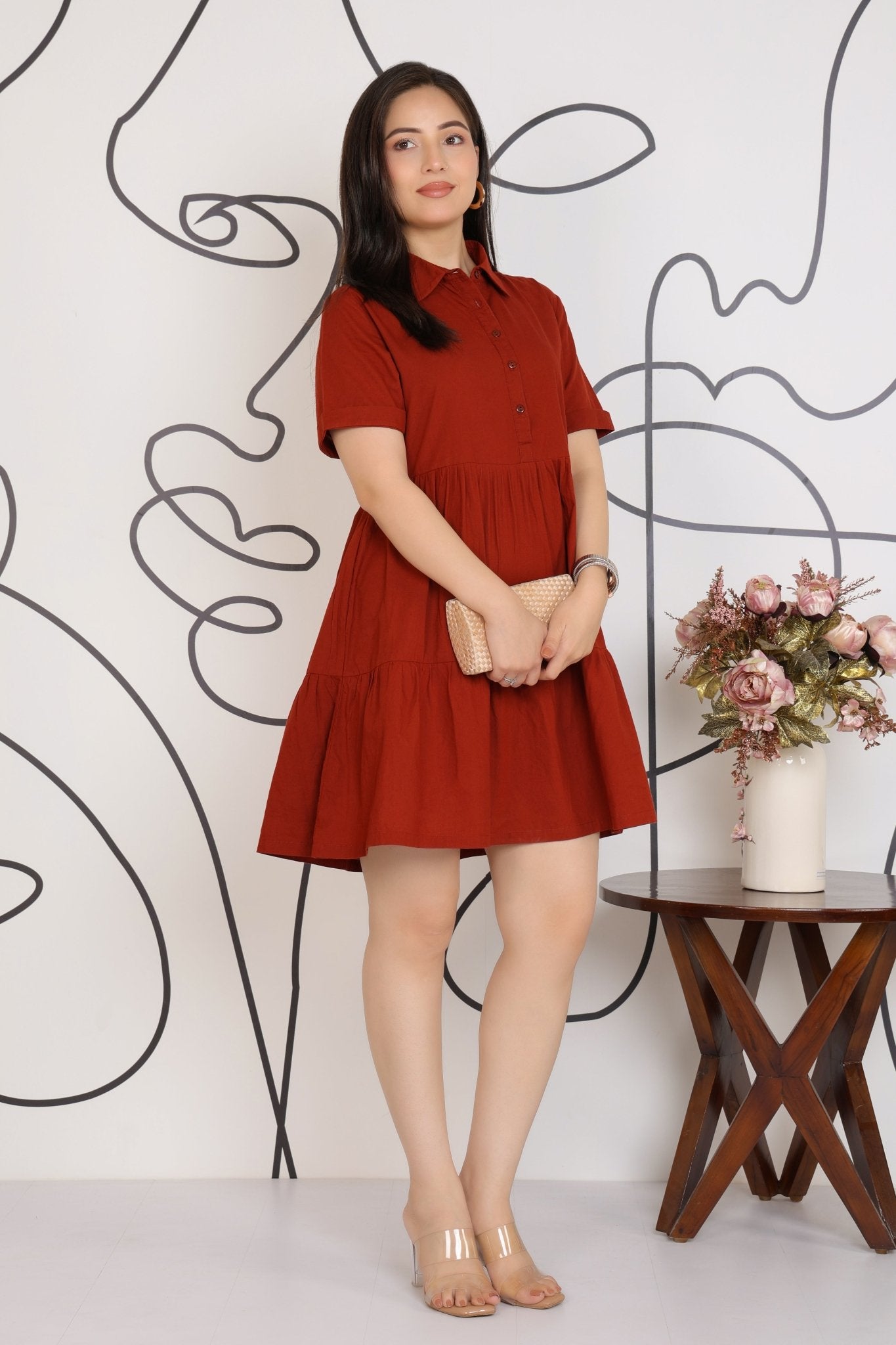 Rust collar flare dress [100% pure cotton] -Cotton midi dress