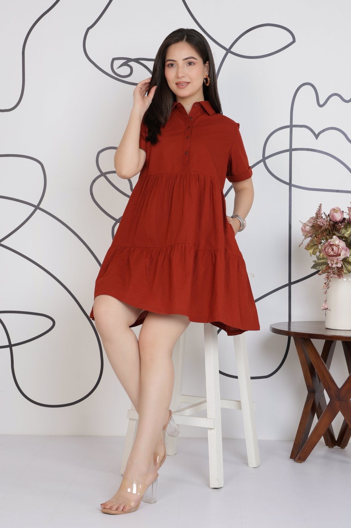 Rust collar flare dress [100% pure cotton] -Cotton midi dress