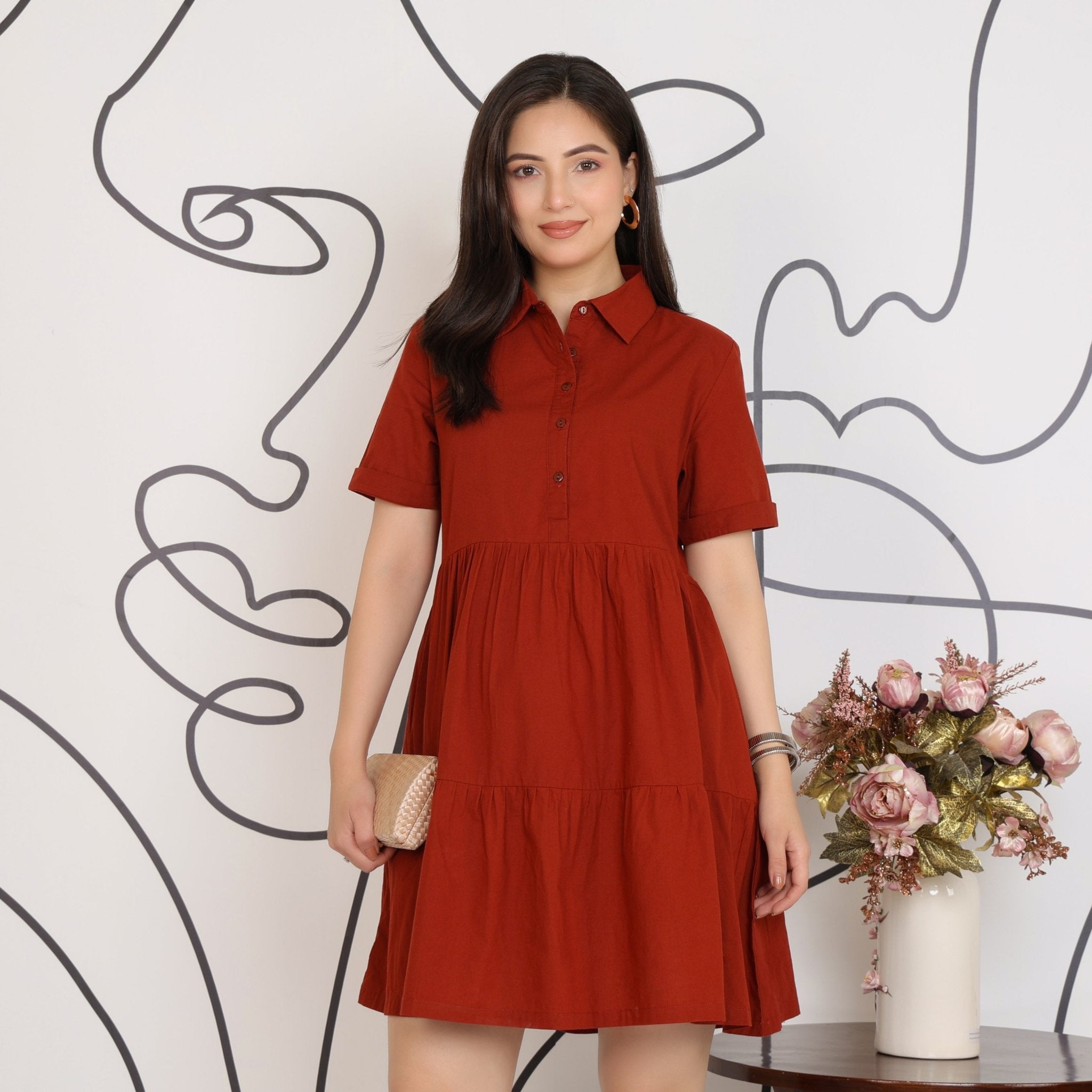 Rust collar flare dress [100% pure cotton] -Cotton midi dress