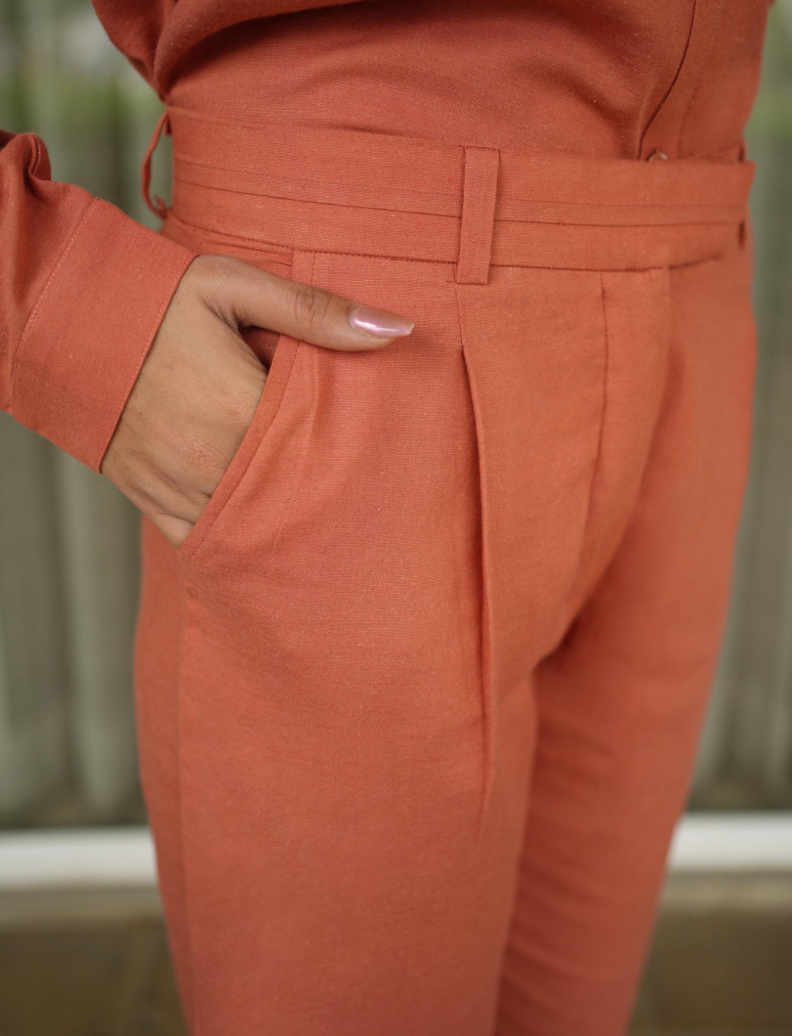 Rust cotton linen straight fit pant - Linen straight pants