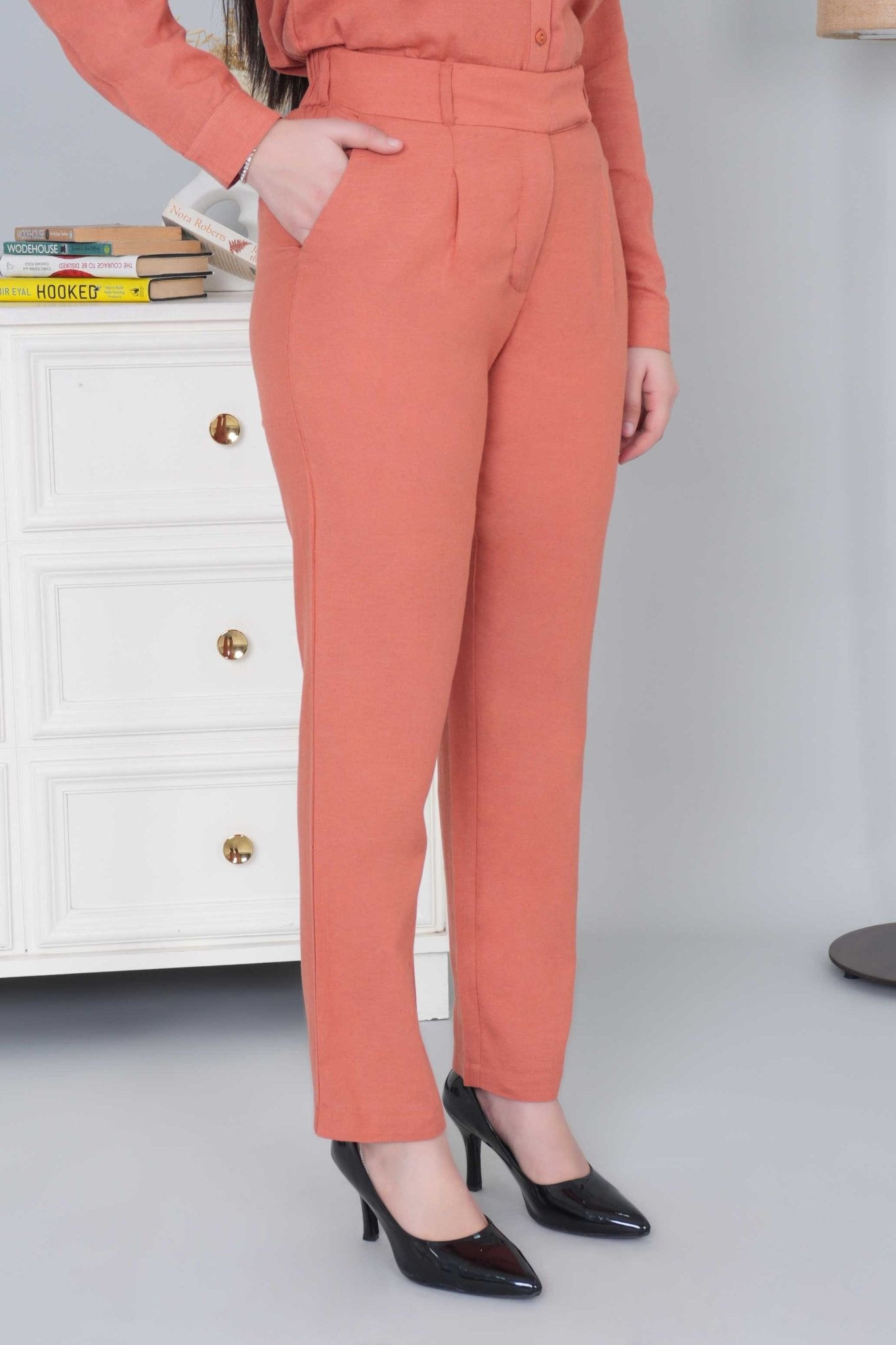 Rust cotton linen straight fit pant - Linen straight pants