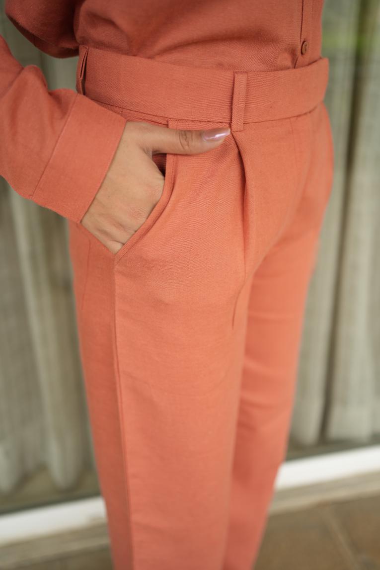 Rust linen cotton flare pants - Linen flare pants