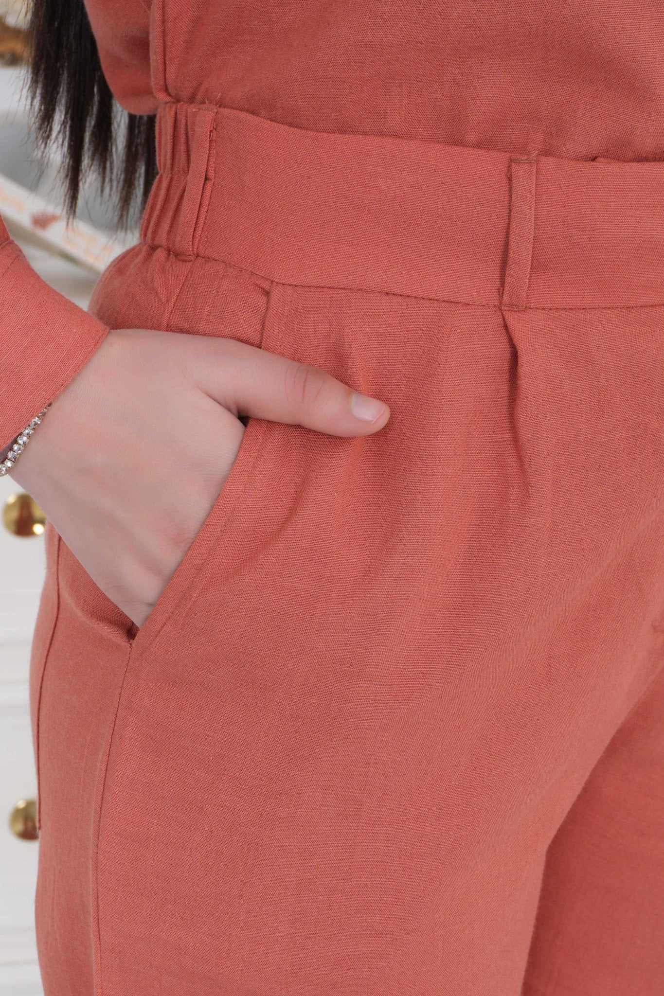 Rust linen cotton flare pants - Linen flare pants
