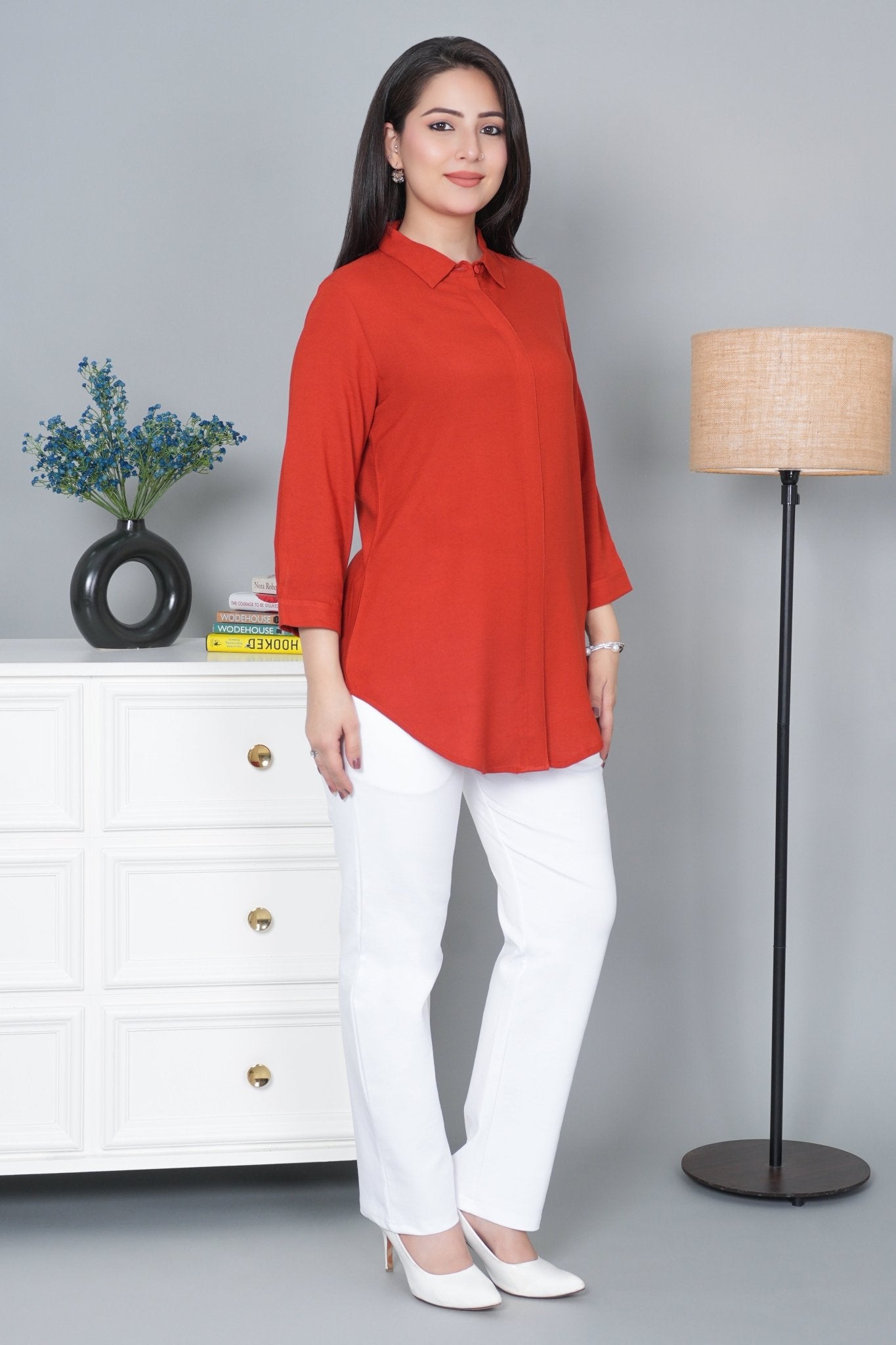 Rust long hemline shirt [ 100% Rayon, Liva Certified ] - Long hemline shirt