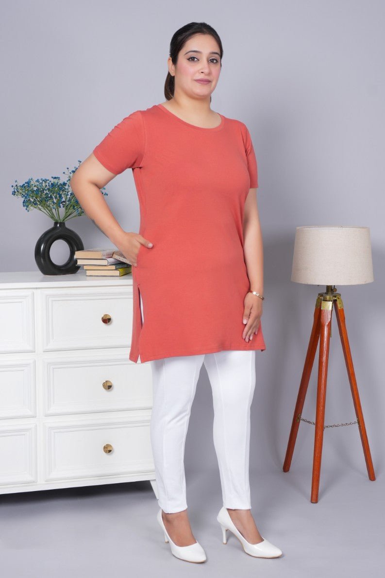 Rust long round neck cotton t-shirt with pockets - Long cotton t-shirt