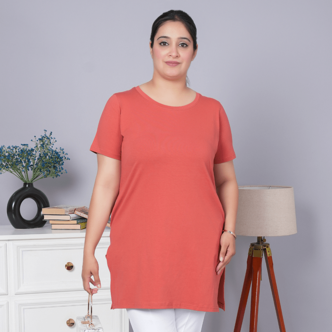 Rust long round neck cotton t-shirt with pockets - Long cotton t-shirt