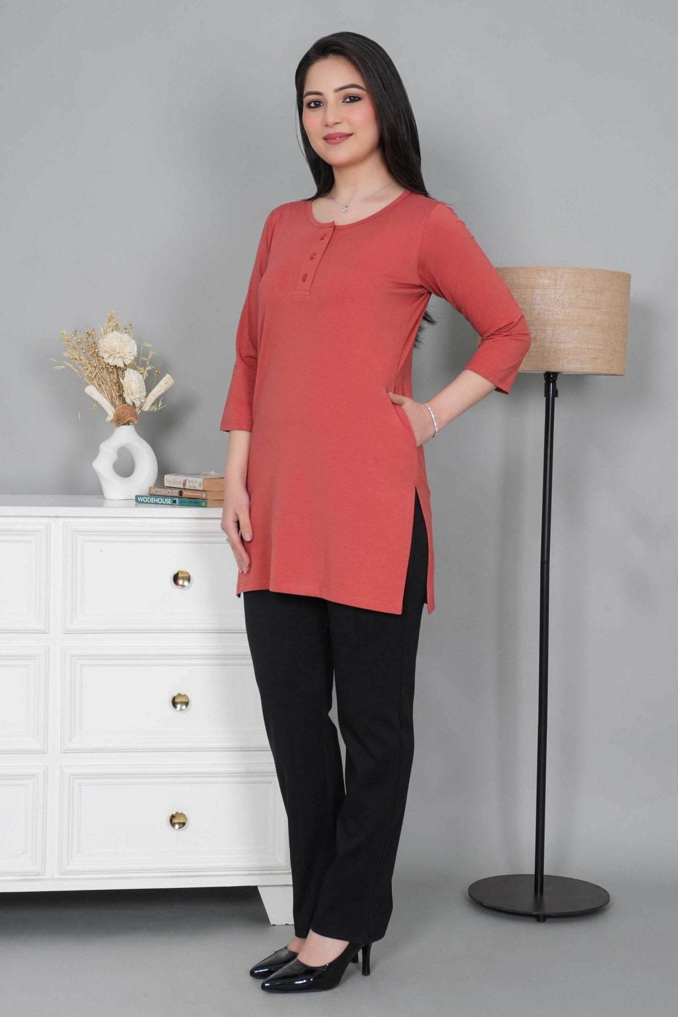 Rust long round neck henley cotton lycra t-shirt with pockets - Long cotton t-shirt
