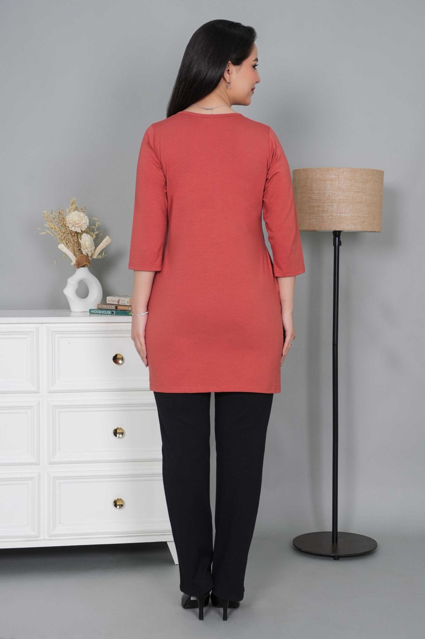 Rust long round neck henley cotton lycra t-shirt with pockets - Long cotton t-shirt