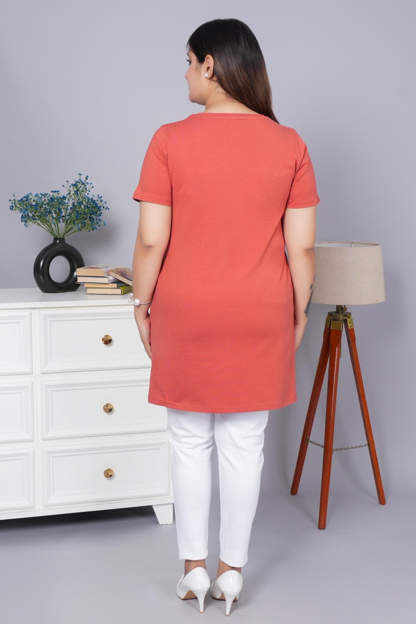 Rust long v neck cotton lycra t-shirt with pockets - Long cotton t-shirt