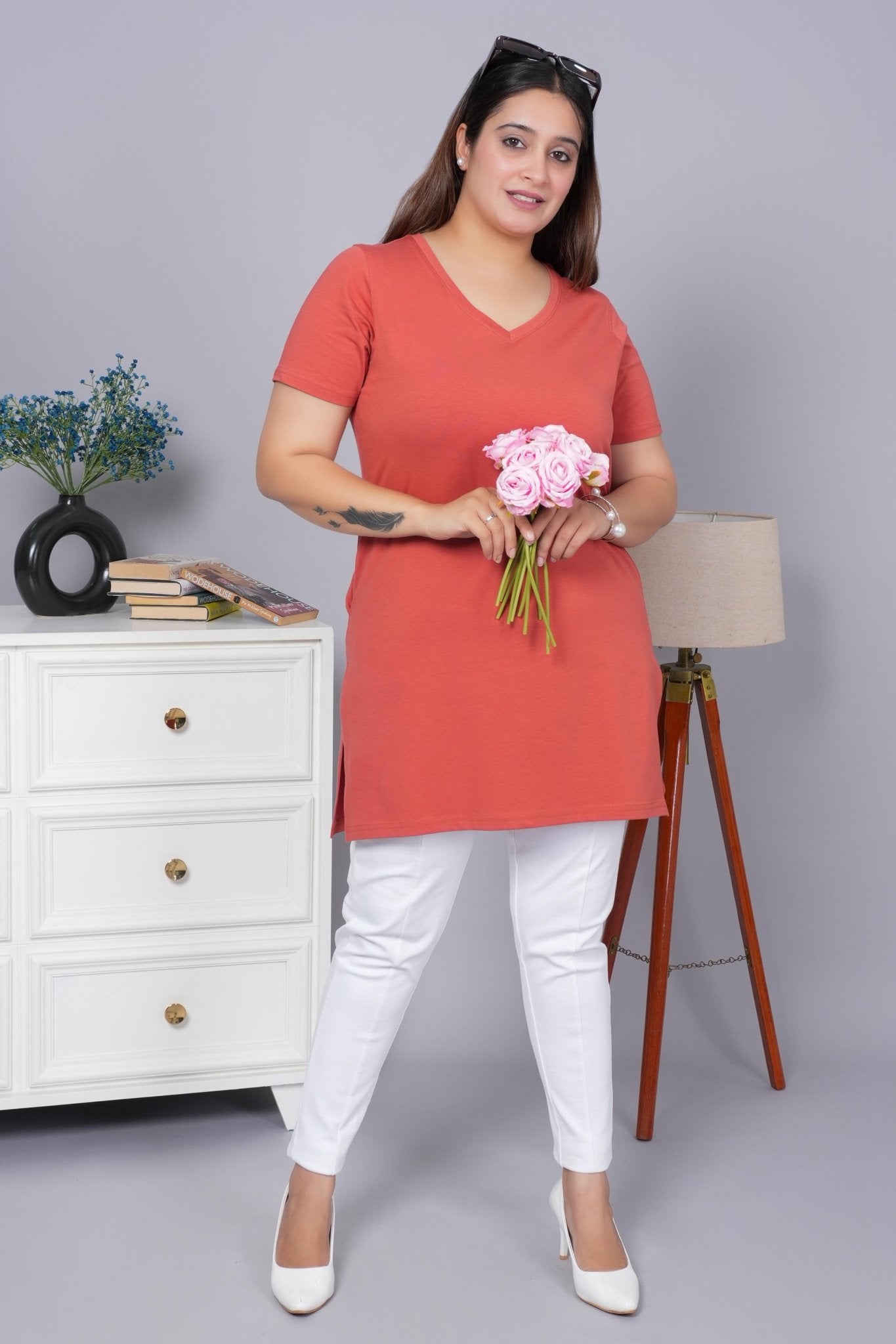 Rust long v neck cotton lycra t-shirt with pockets - Long cotton t-shirt