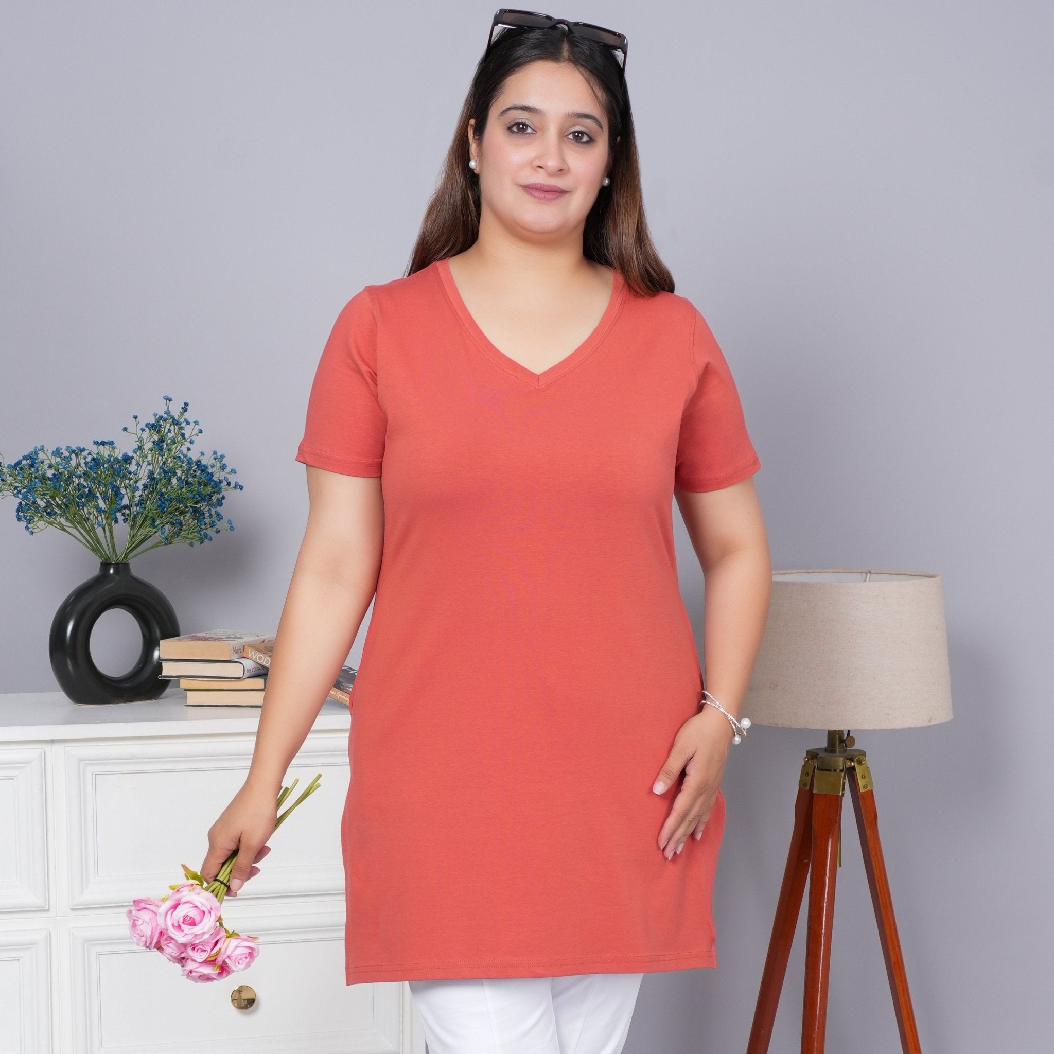 Rust long v neck cotton lycra t-shirt with pockets - Long cotton t-shirt