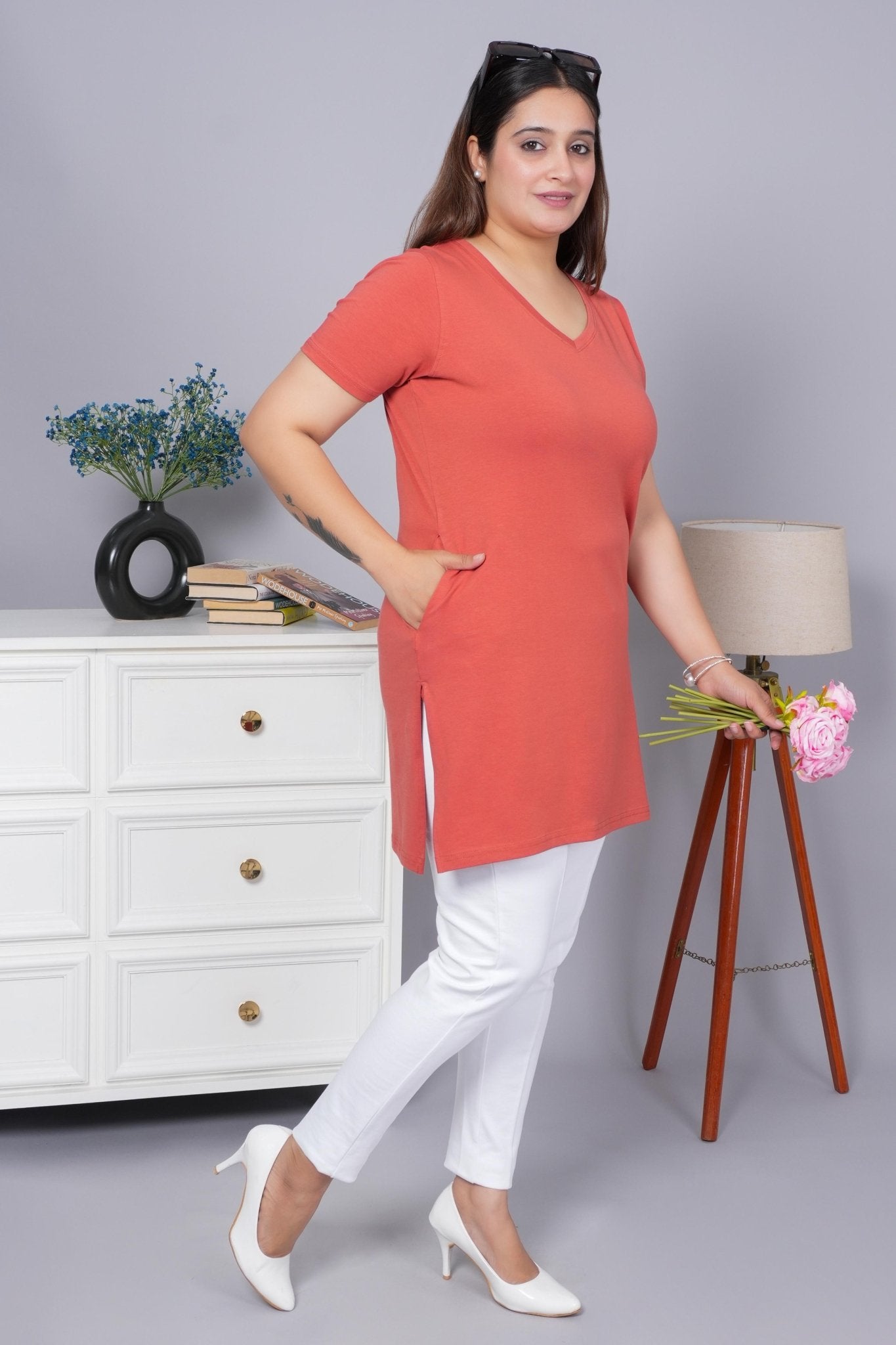 Rust long v neck cotton lycra t-shirt with pockets - Long cotton t-shirt