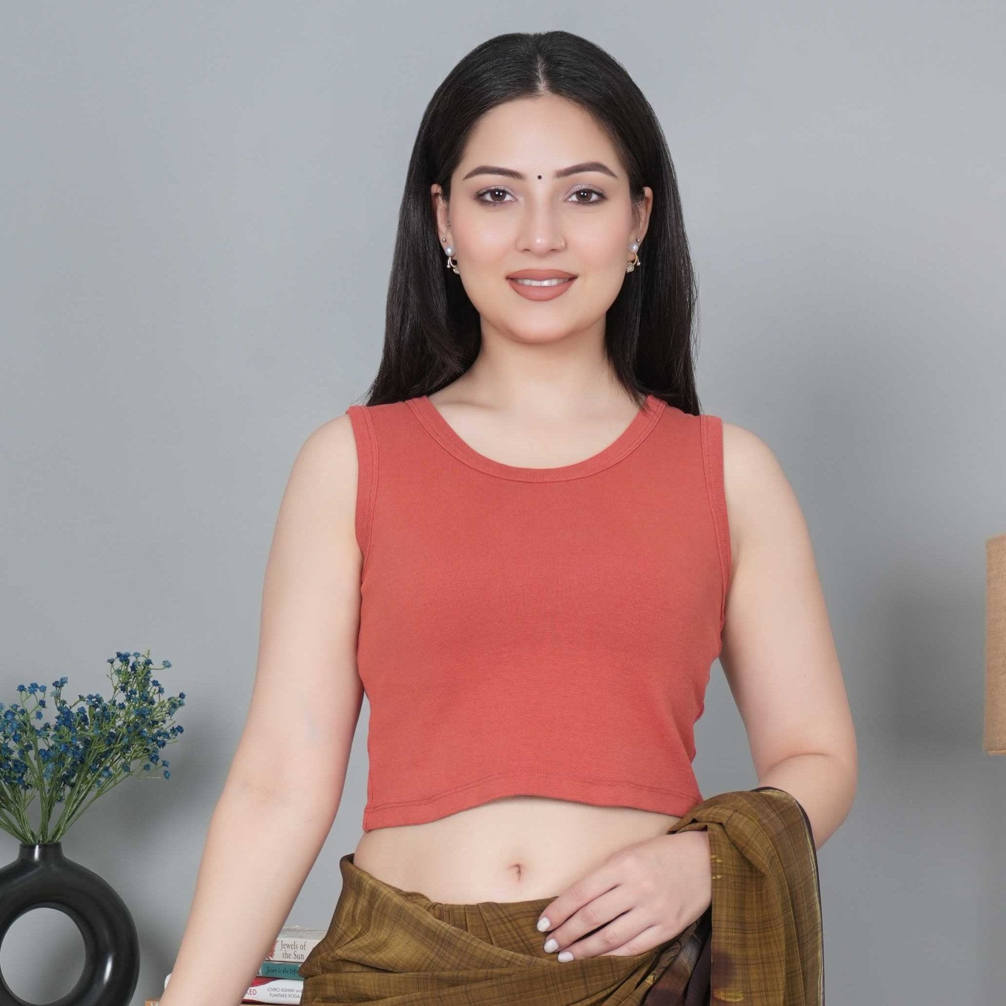 Rust Rib Crop Blouse [ 100% USA HQ Cotton, 280 GSM non transparent fabric ] - Rib crop blouse