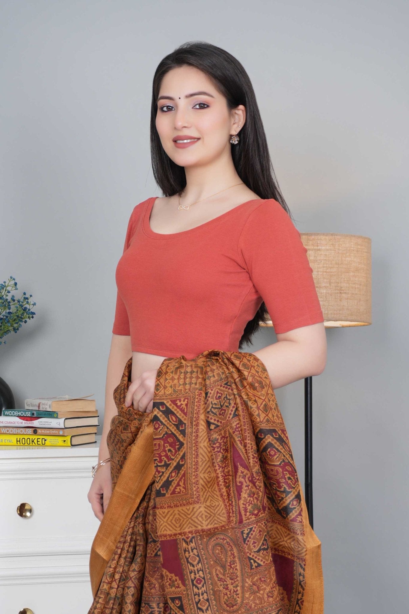 Rust Rib Roundneck Half Sleeve Blouse [ 100% USA HQ Cotton, 280 GSM non transparent fabric ] - Rib blouse