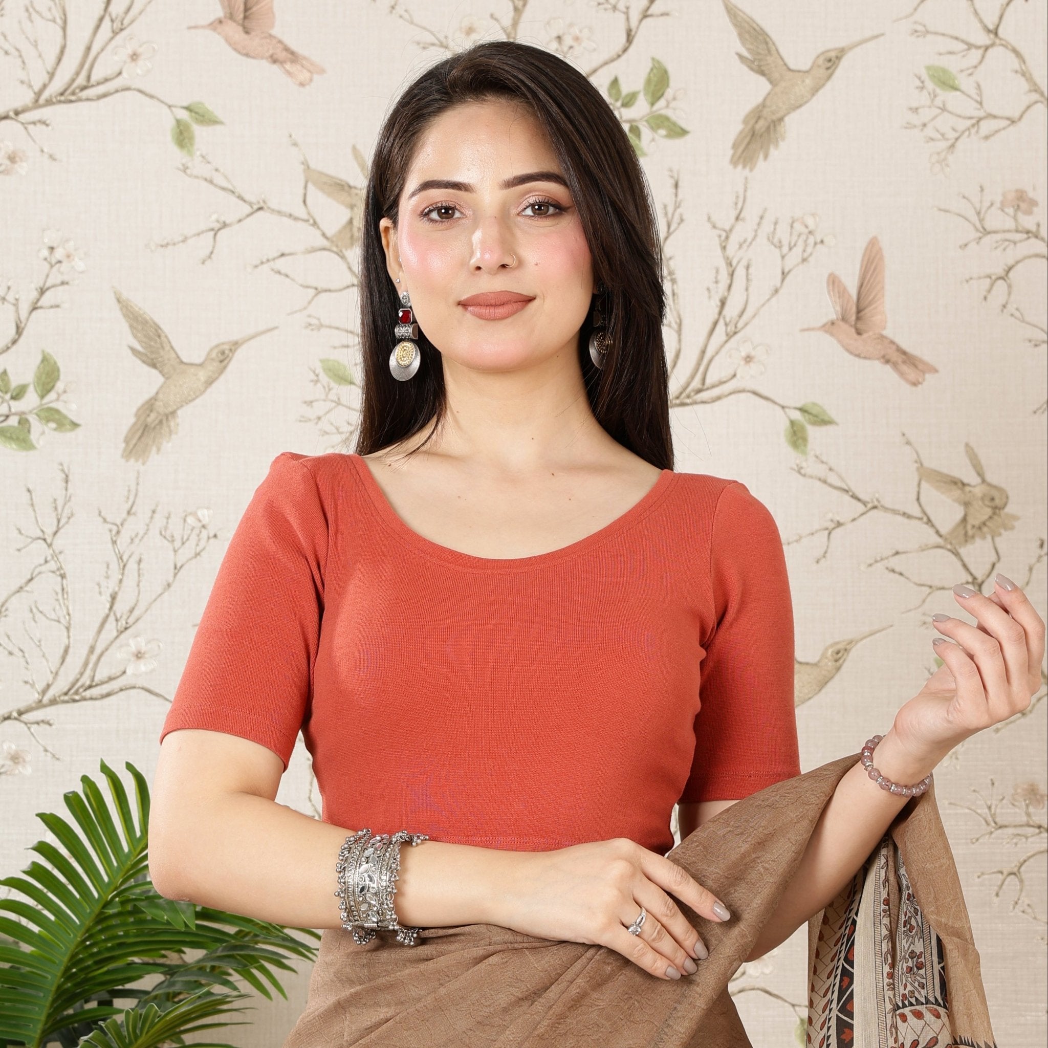 Rust Rib Roundneck Half Sleeve Blouse [ 100% USA HQ Cotton, 280 GSM non transparent fabric ] -Rib blouse