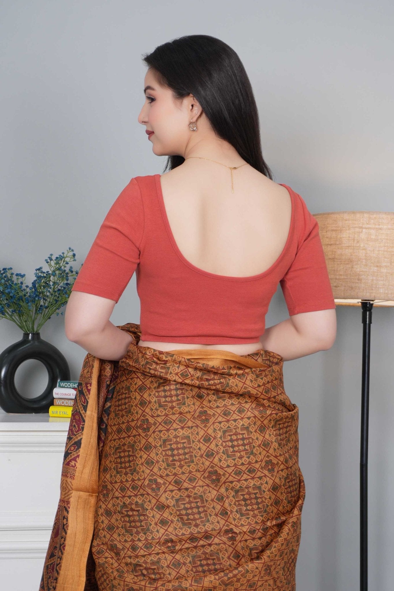 Rust Rib Roundneck Half Sleeve Blouse [ 100% USA HQ Cotton, 280 GSM non transparent fabric ] - Rib blouse