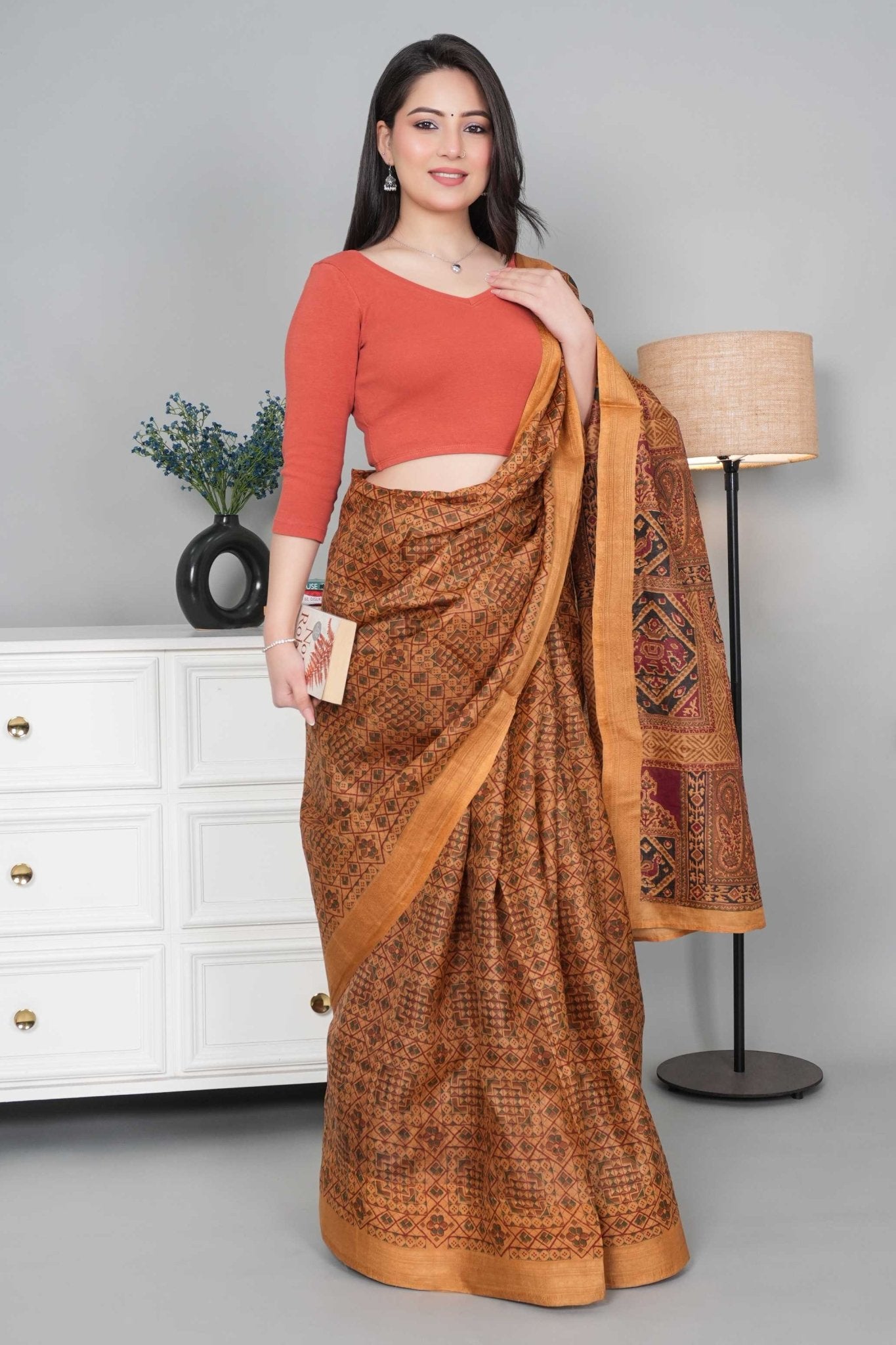 Rust Rib V Neck 3/4 Sleeve Blouse [ 100% USA HQ Cotton, 280 GSM non transparent fabric ] - Rib blouse