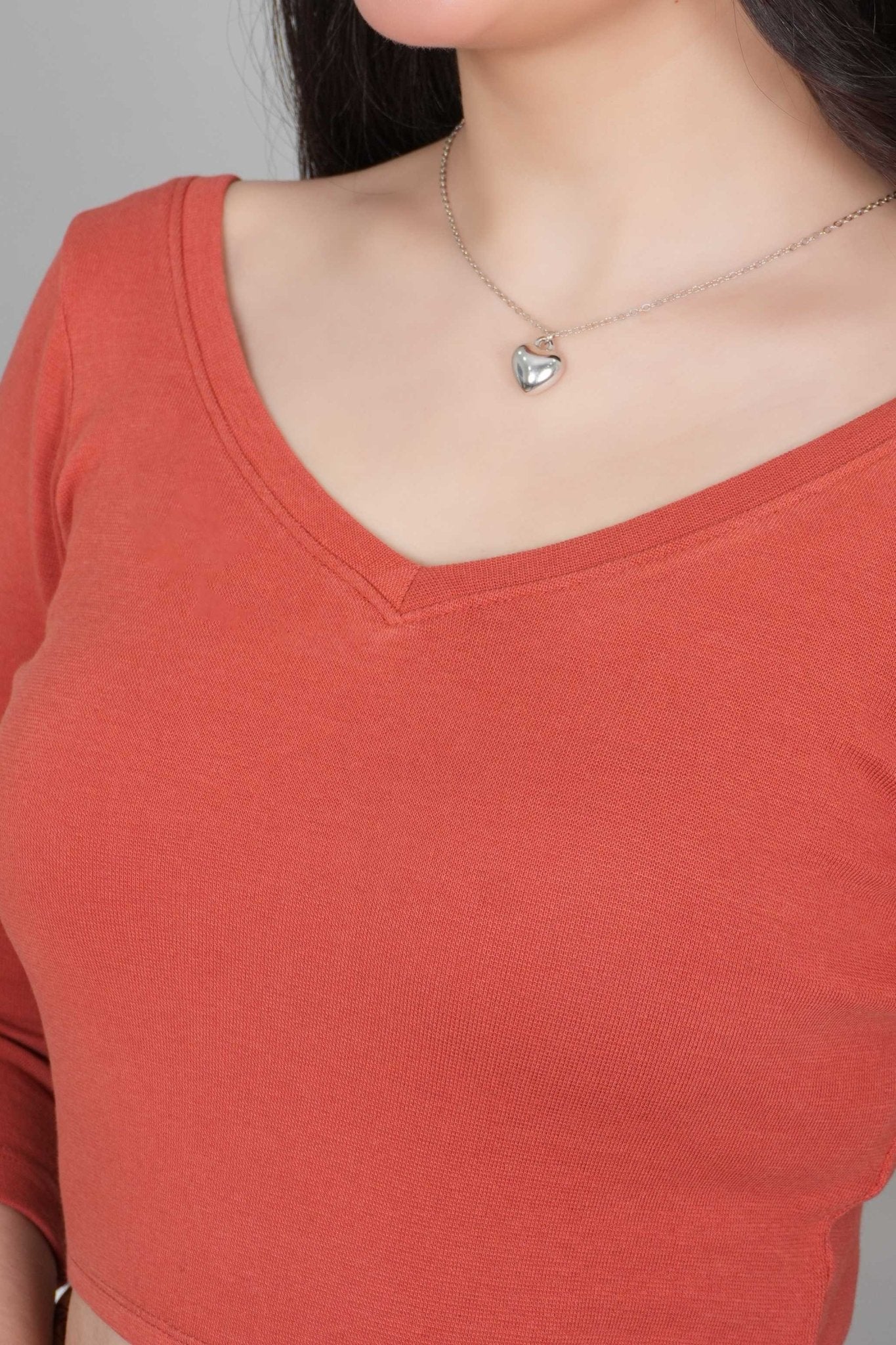 Rust Rib V Neck 3/4 Sleeve Blouse [ 100% USA HQ Cotton, 280 GSM non transparent fabric ] - Rib blouse