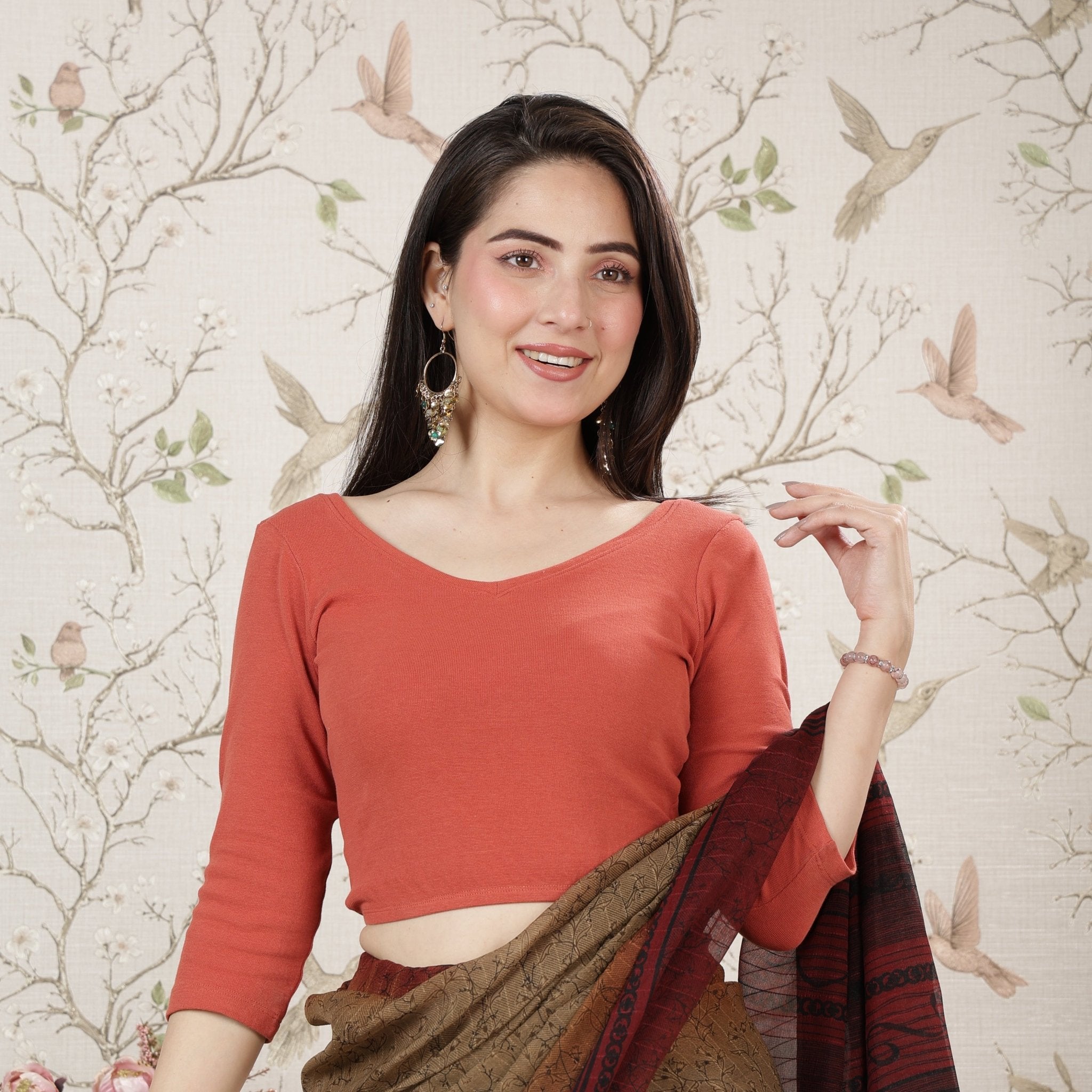 Rust Rib V Neck 3/4 Sleeve Blouse [ 100% USA HQ Cotton, 280 GSM non transparent fabric ] -Rib blouse
