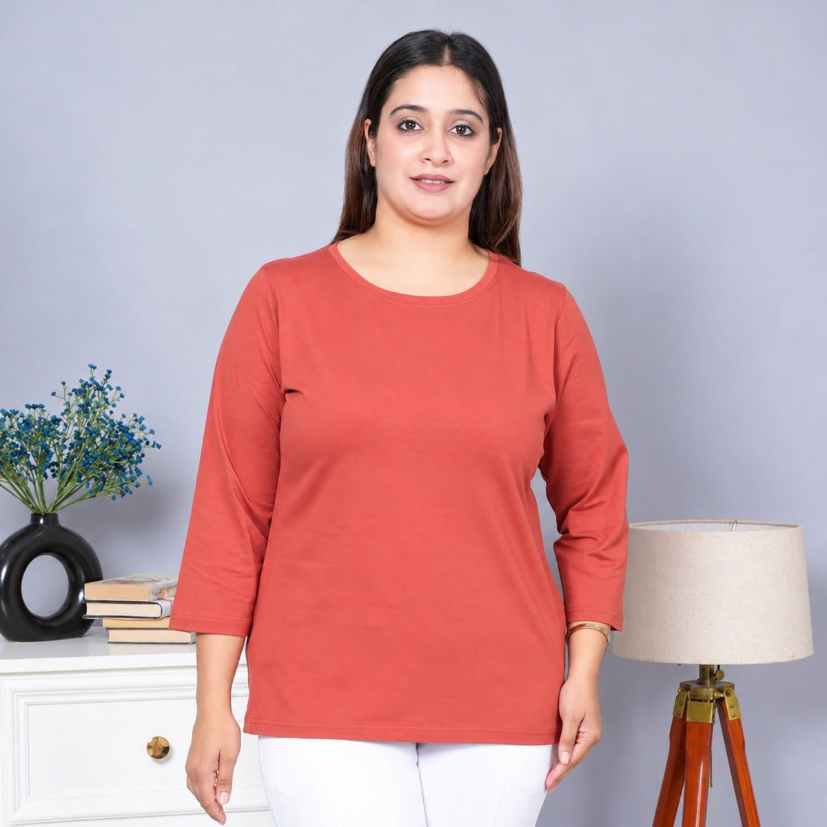 Rust Round Neck Cotton Lycra 3/4 Sleeve T Shirt -Cotton t shirt