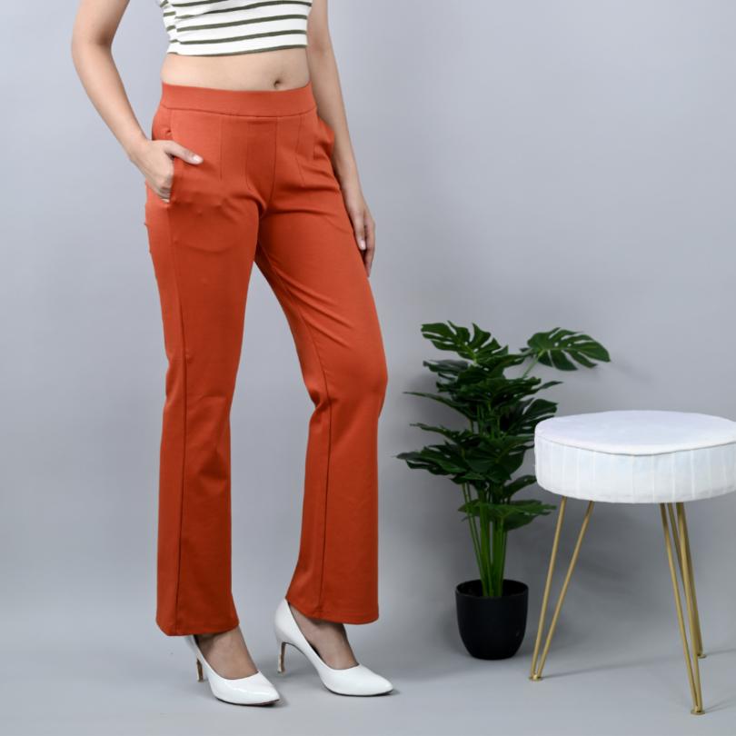 Rust stretchable biowash cotton bootcut flare pants with superior elastic belt. - Milano bootcut flare pants