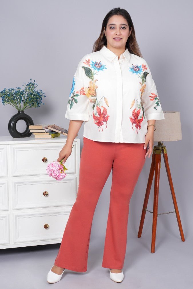 Rust stretchable biowash cotton flare pants with superior elastic belt. - Cotton flare