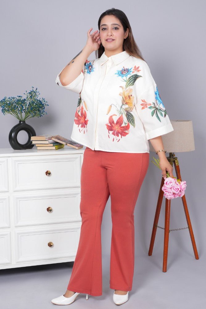 Rust stretchable biowash cotton flare pants with superior elastic belt. - Cotton flare
