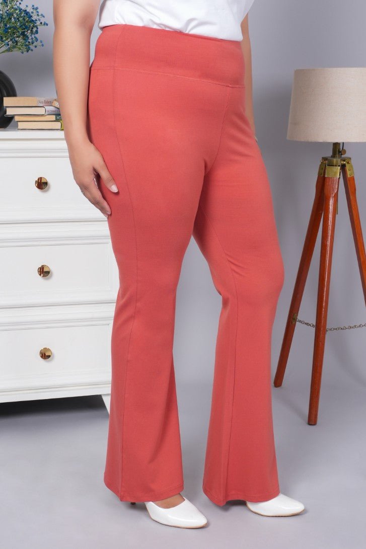 Rust stretchable biowash cotton flare pants with superior elastic belt. - Cotton flare