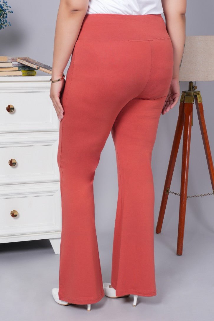 Rust stretchable biowash cotton flare pants with superior elastic belt. - Cotton flare