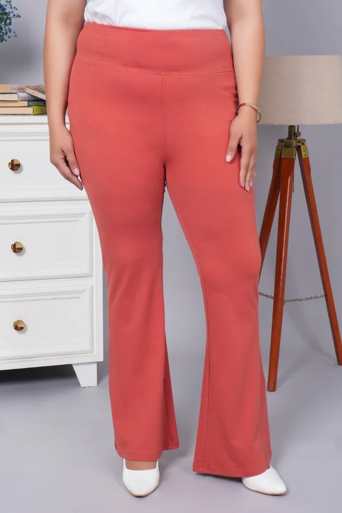Rust stretchable biowash cotton lycra flare legging with superior elastic belt. -Cotton flare