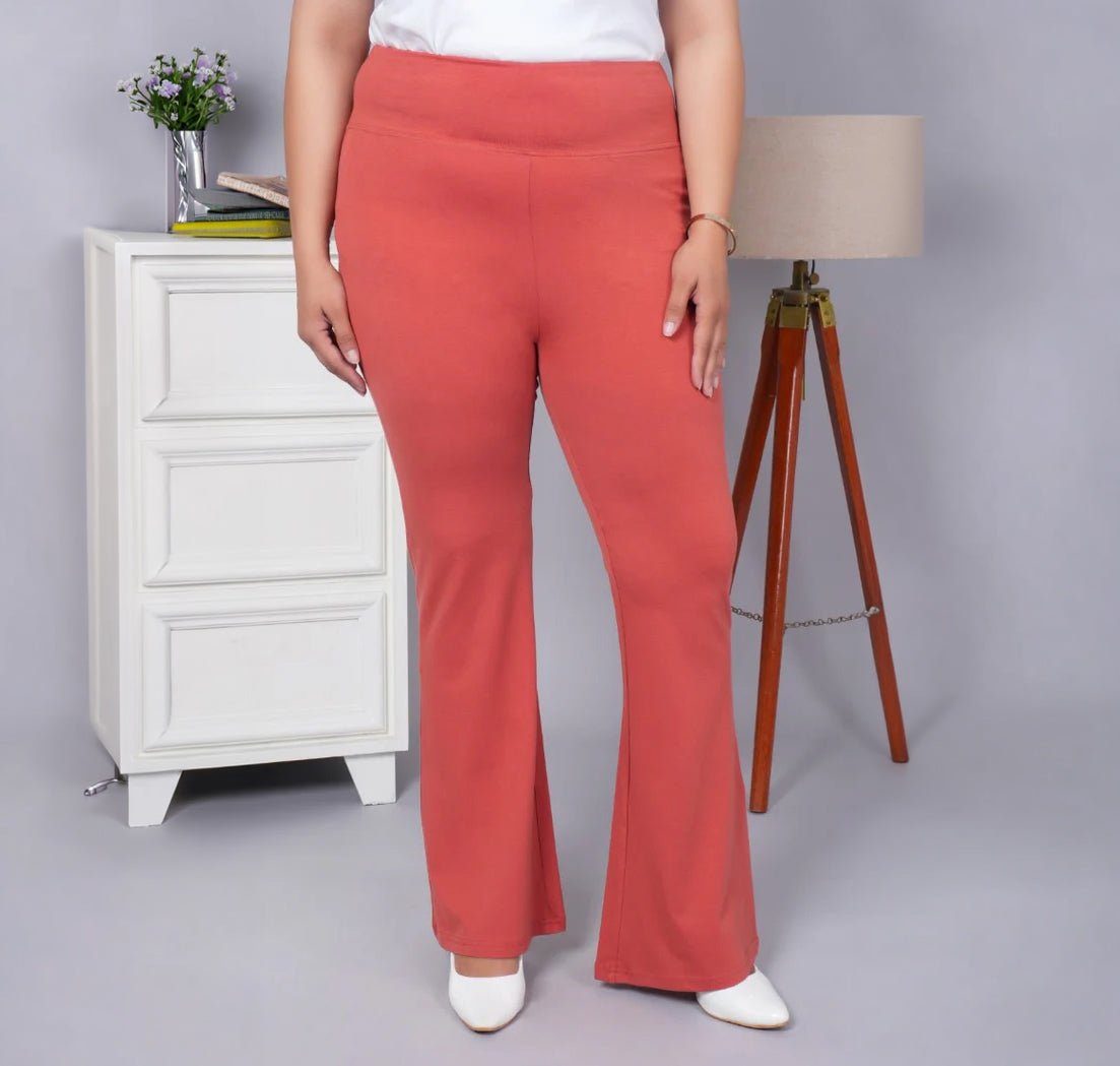 Rust stretchable biowash cotton lycra flare legging with superior elastic belt. -Cotton flare