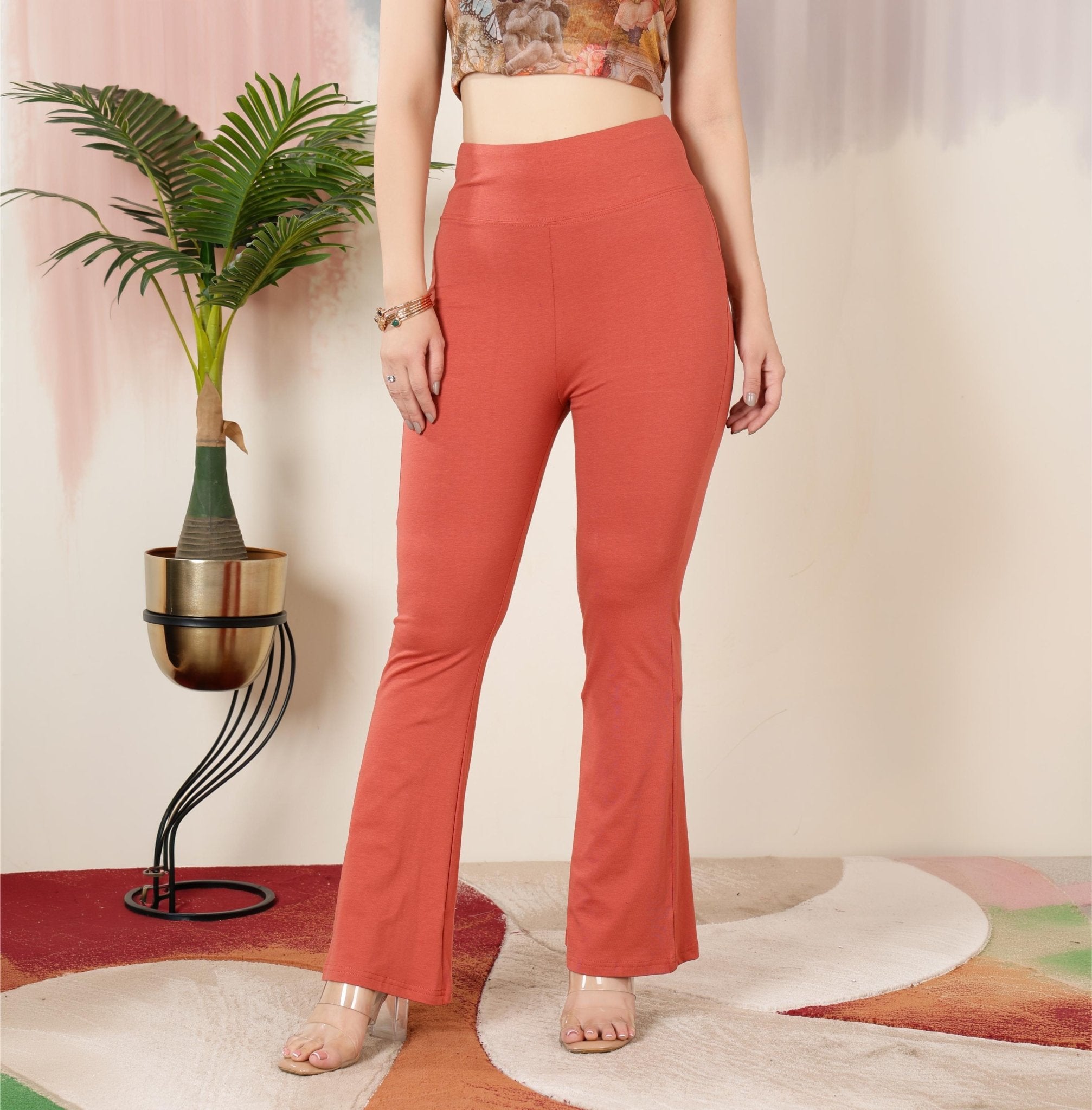 Rust stretchable biowash premium cotton lycra flare legging with superior elastic belt. -Cotton flare