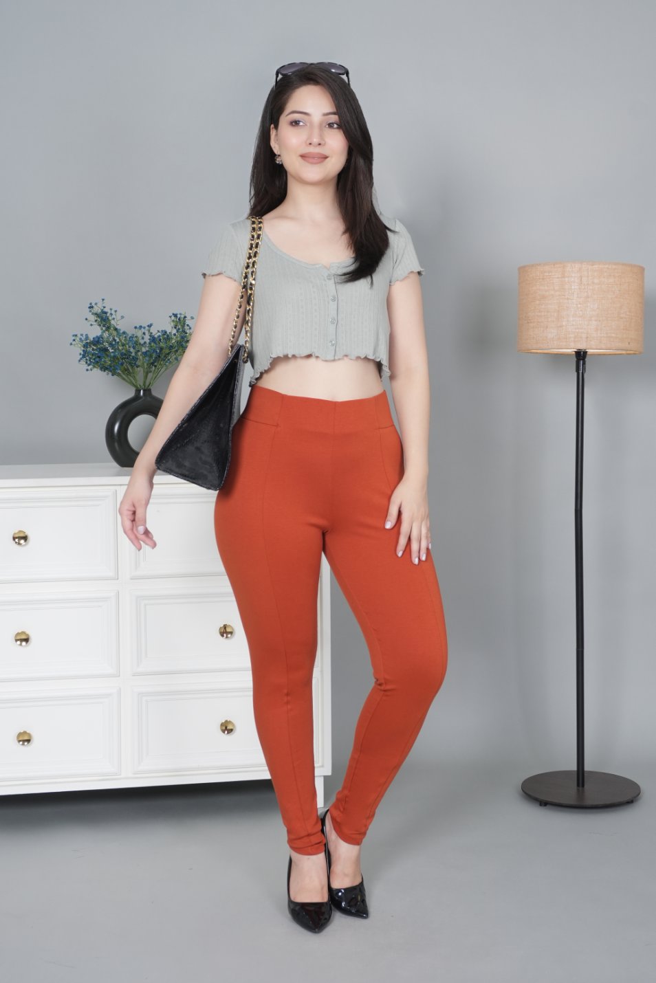 Rust stretchable biowash USA HQ cotton jegging pant with superior elastic belt. - Milano jegging pants