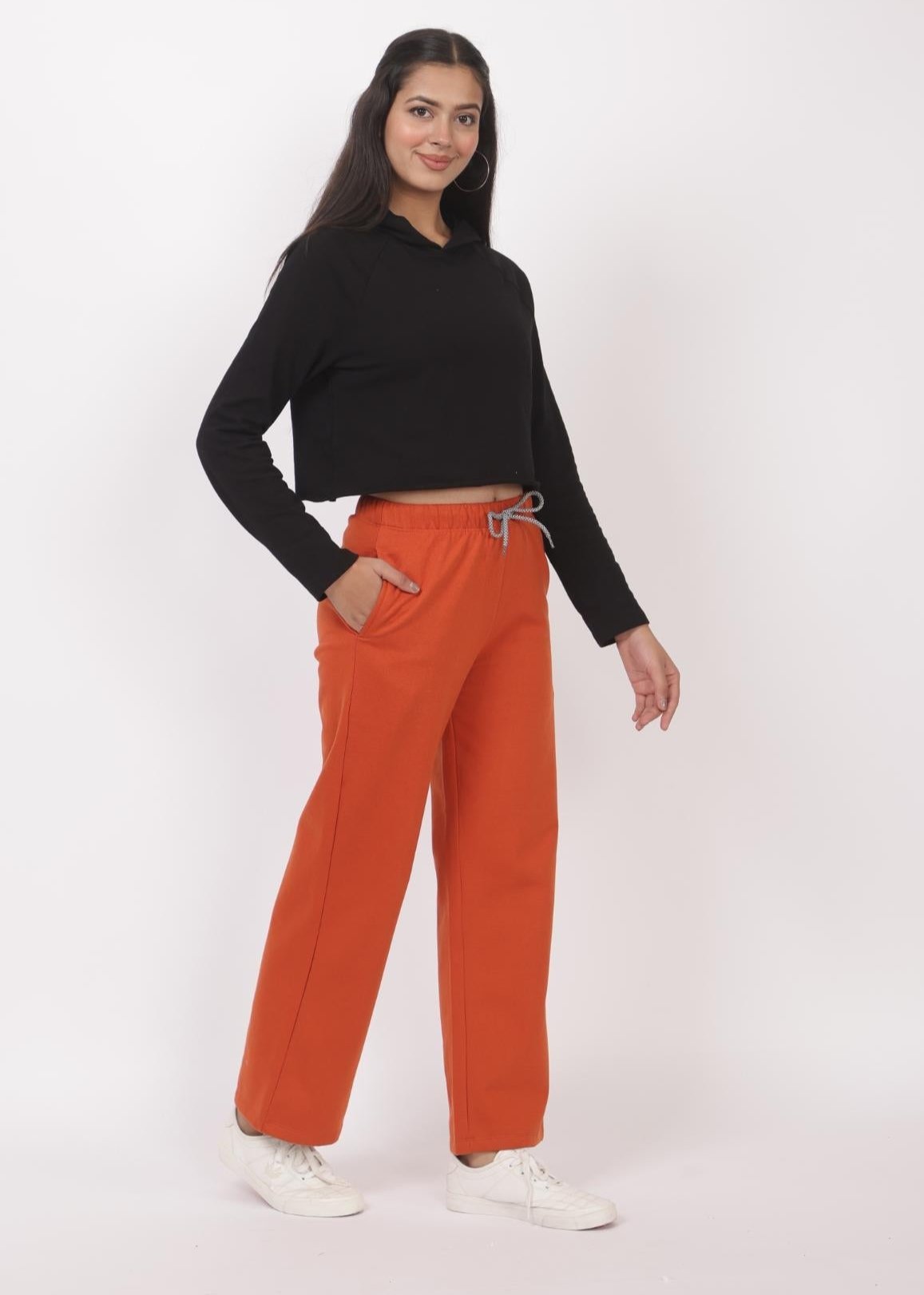 Rust stretchable biowash USA HQ winter fleece cotton flare pants with superior elastic belt. - Winter flare pant