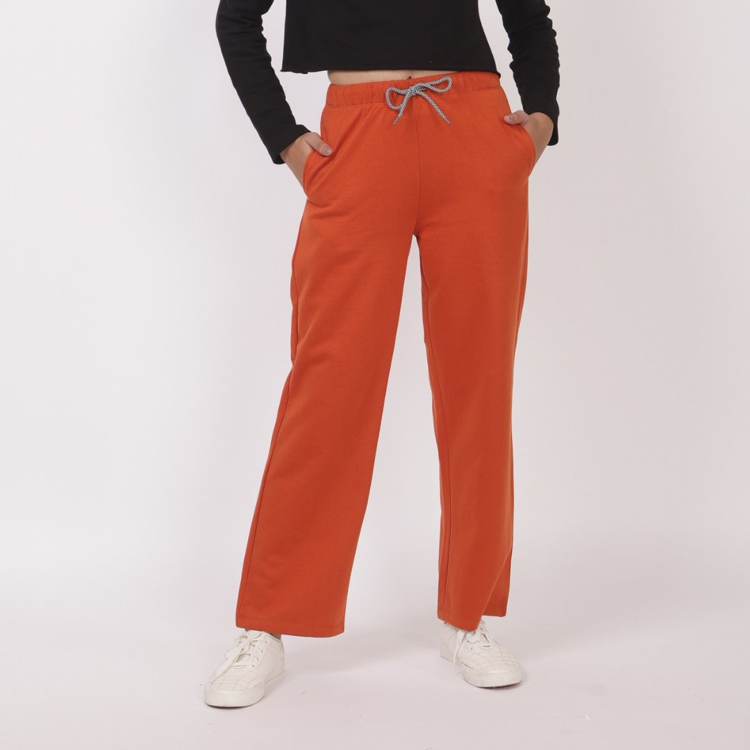 Rust stretchable biowash USA HQ winter fleece cotton flare pants with superior elastic belt. - Winter flare pant