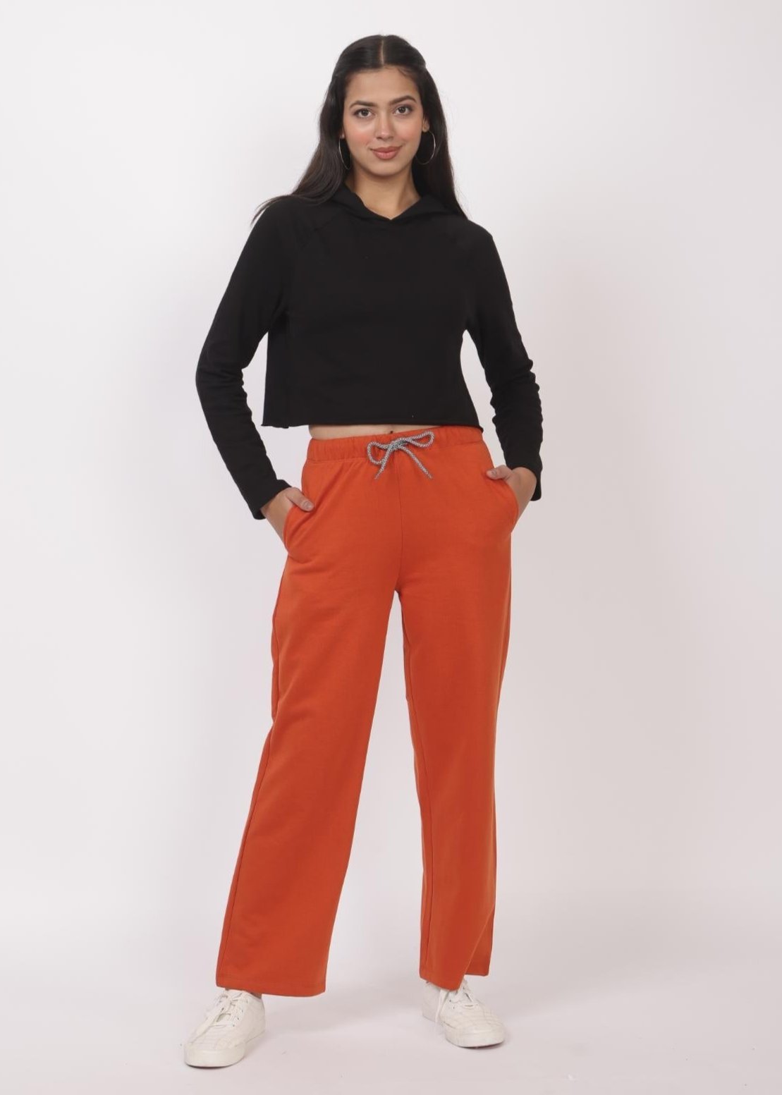 Rust stretchable biowash USA HQ winter fleece cotton flare pants with superior elastic belt. - Winter flare pant