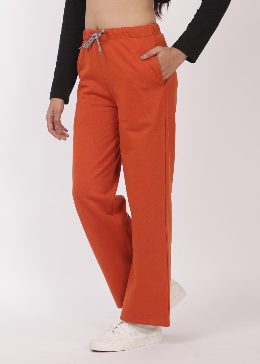 Rust stretchable biowash USA HQ winter fleece cotton flare pants with superior elastic belt. - Winter flare pant