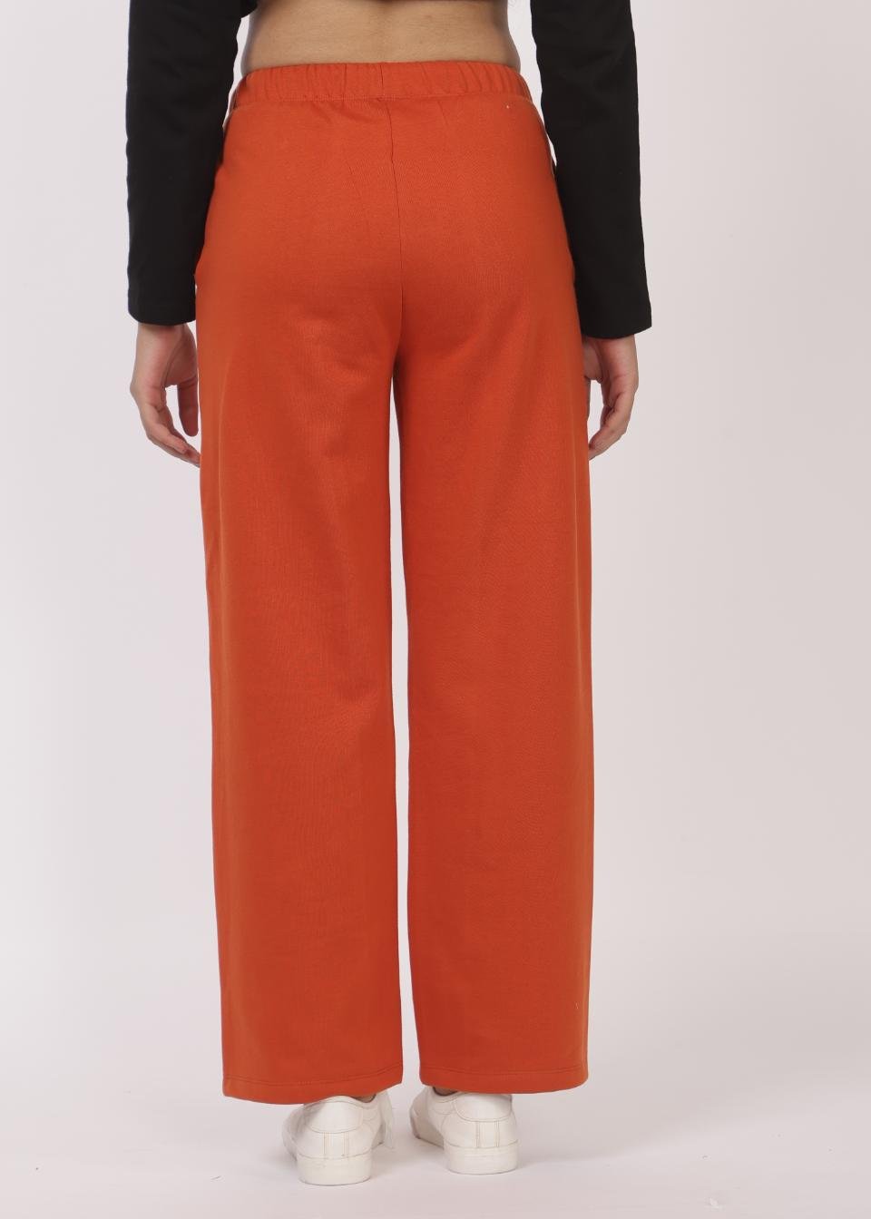 Rust stretchable biowash USA HQ winter fleece cotton flare pants with superior elastic belt. - Winter flare pant