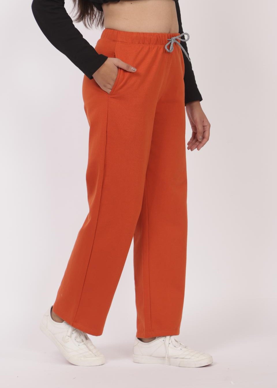 Rust stretchable biowash USA HQ winter fleece cotton flare pants with superior elastic belt. - Winter flare pant