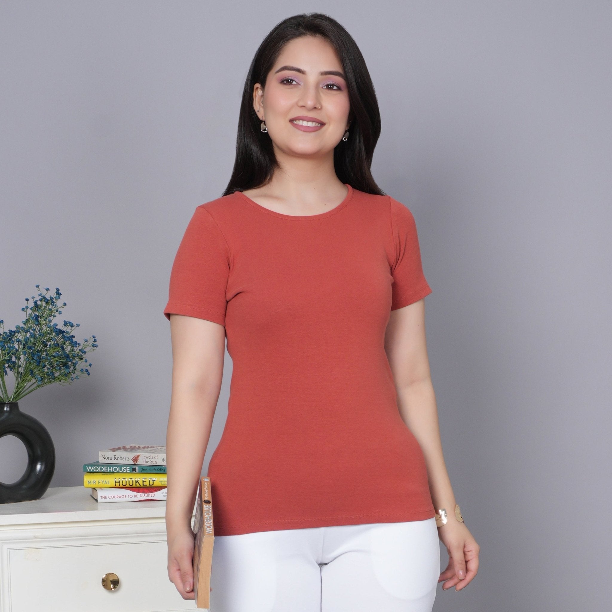 Rust Stretchable Rib T Shirt [ 100% USA HQ Cotton, 280 GSM non transparent fabric ] - Rib t shirt