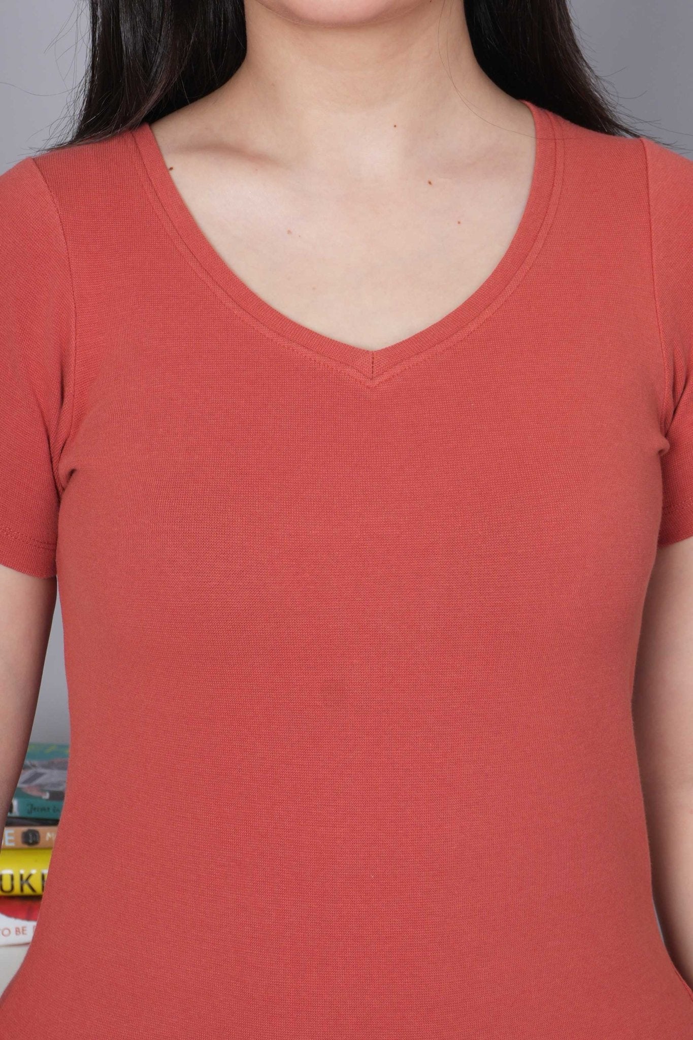 Rust Stretchable V Neck Rib T Shirt [ 100% USA HQ Cotton, 280 GSM non transparent fabric ] - Rib v neck t shirt