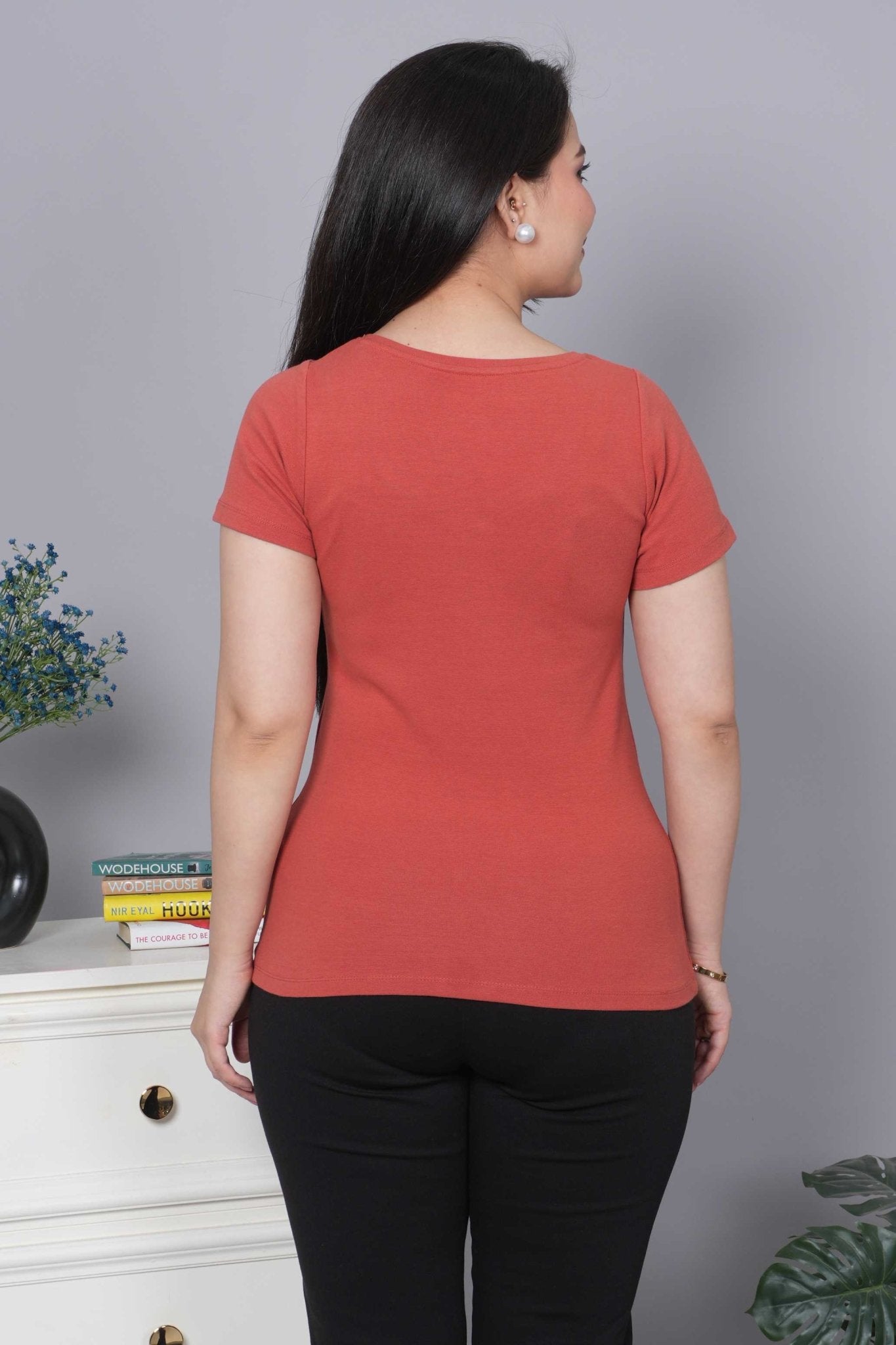 Rust Stretchable V Neck Rib T Shirt [ 100% USA HQ Cotton, 280 GSM non transparent fabric ] - Rib v neck t shirt