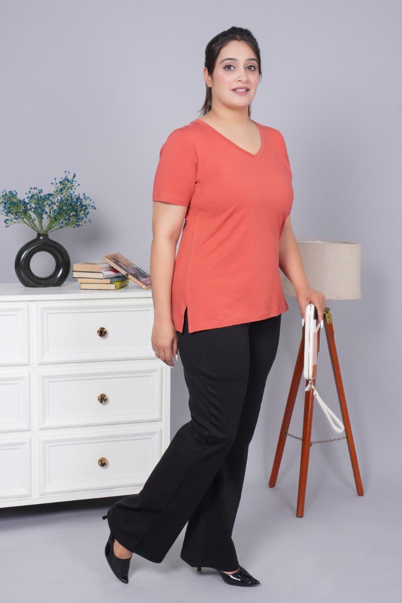 Rust v neck cotton t-shirt with pockets - Long cotton v neck t-shirt