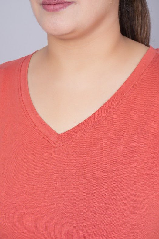 Rust v neck cotton t-shirt with pockets - Long cotton v neck t-shirt