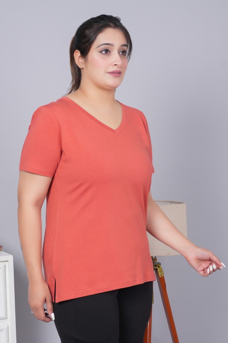 Rust v neck cotton t-shirt with pockets - Long cotton v neck t-shirt