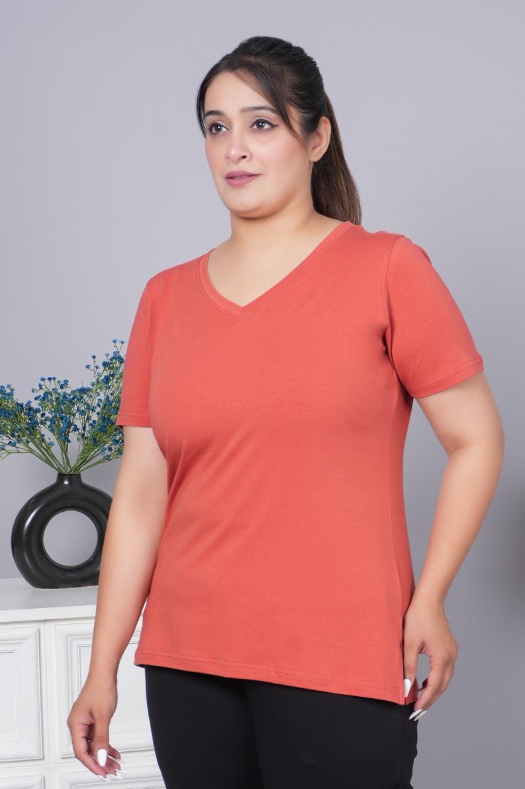 Rust v neck cotton t-shirt with pockets - Long cotton v neck t-shirt