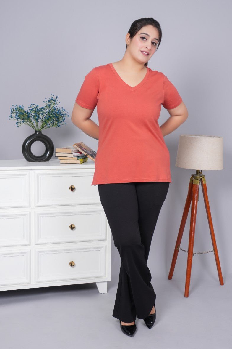 Rust v neck cotton t-shirt with pockets - Long cotton v neck t-shirt