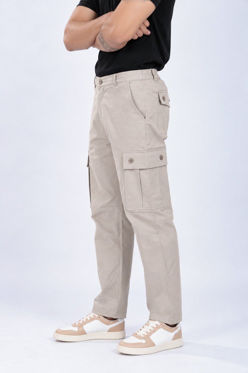 Sage green stretchable biowash HQ cotton travel cargo bottom with superior elastic belt. -Travel Cargo Pants