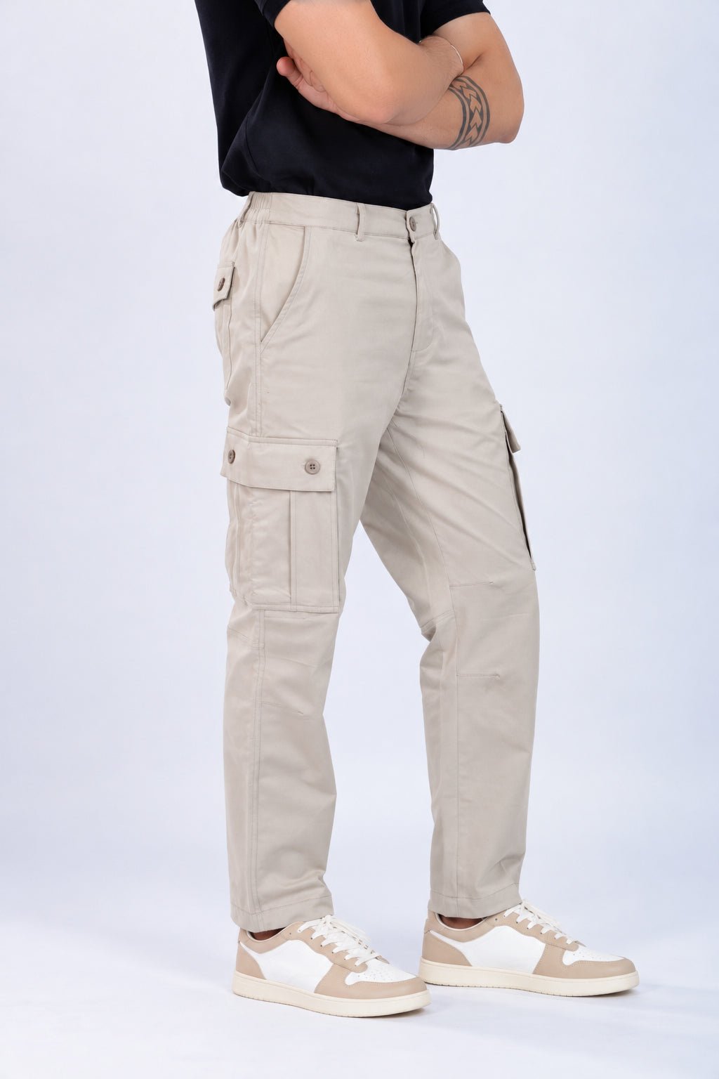 Sage green stretchable biowash HQ cotton travel cargo bottom with superior elastic belt. -Travel Cargo Pants