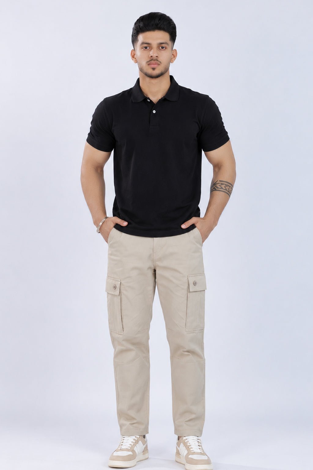 Sage green stretchable biowash HQ cotton travel cargo bottom with superior elastic belt. -Travel Cargo Pants
